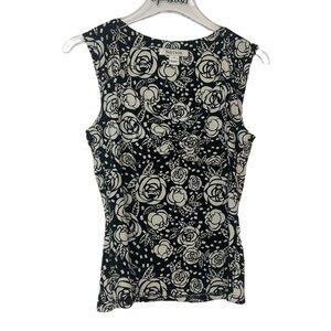 WHBM Sleeveless Floral Black White Ruched Top